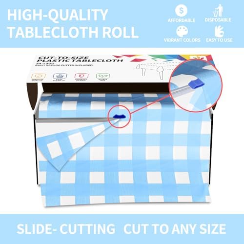 CXPSINC 54 Inch X 300 Feet Plastic Table Cover Roll Disposable Tablecloth with Slide Cutter for All Type/Shape Tables | Party, Banquet, Birthdays, Weddings(Light Blue Checkered, 300 Feet)
