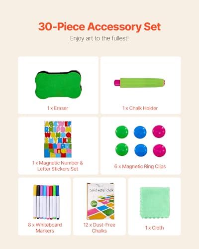 VEVOR Art Easel for Kids, 2-in-1 Wooden Double-Sided Kid's Art Easel with Magnetic Whiteboard & Chalkboard, Adjustable Standing Rotatable Foldable Drawing Board with Painting Accessories for Boy Girl