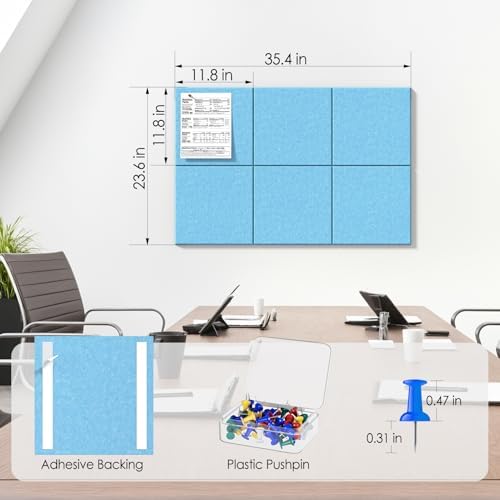 MaxGear Felt Bulletin Board 36" x 24", 6 Pack Blue Felt Wall Tile Push Pin