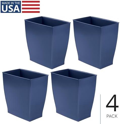 iDesign Small Plastic Bathroom Trash Can, Slim Rectangle, 4-Pack, Navy Blue