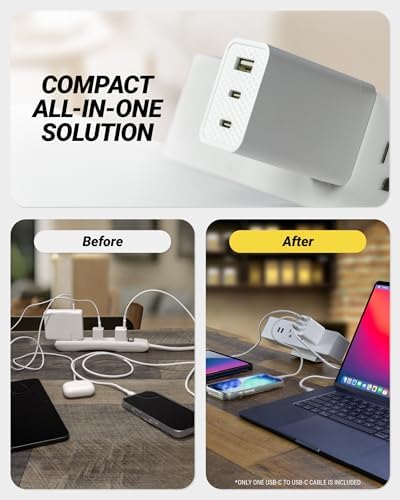 Scosche 70W Fast Charging Compact 3-Port Wall Charger Block wiht 8ft Cable, Dual USB-C & USB-A GaN Power Delivery Adapter with Foldable Plug for iPhone 17/16, iPad, MacBook Air, Galaxy S26/S25 & More