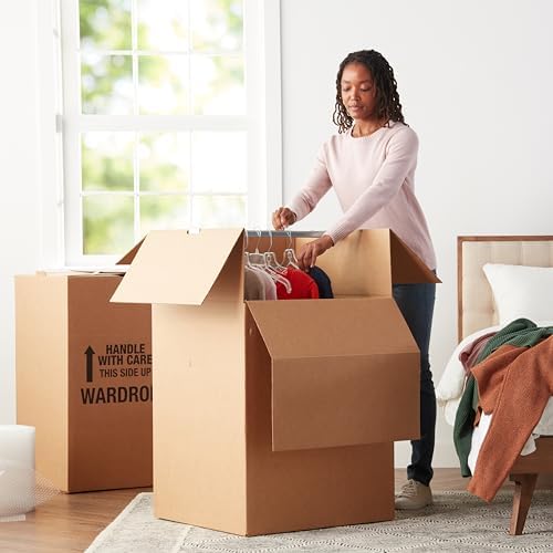 Amazon Basics Sturdy Wardrobe Moving Boxes, 20" x 20" x 34", Brown, 3-Pack