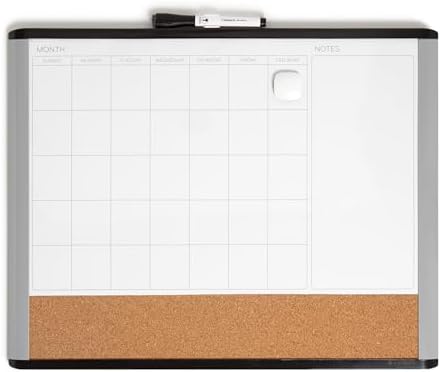 U Brands Magnetic Dry Erase 3-in-1 Calendar White Board, 16" x 20", Black and Gray Frame