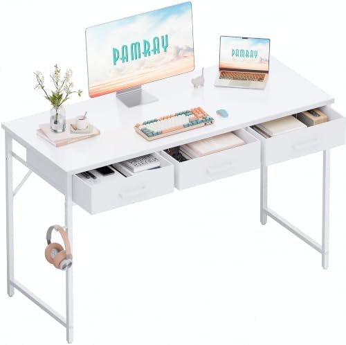 Pamray 47 Inch Small Computer Desk with 3 Drawers for Bedroom Study Writing Home Office Table for Small Spaces White