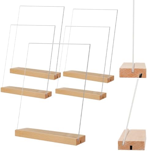 TONICE 8.5 x 11 Acrylic Sign Holder with Wood Base 5 Pack L/T Shape Vertical or Slant Back Display for Wedding, Restaurant, Store, Office, Hotel