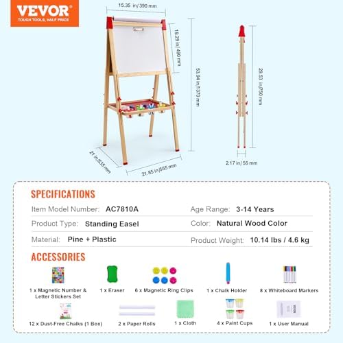 VEVOR Art Easel for Kids, 3-in-1 Wooden Double-Sided Kid's Art Easel with Magnetic Whiteboard, Chalkboard & Paper Roll, Adjustable Standing Drawing Board with Painting Accessories for Boys and Girls