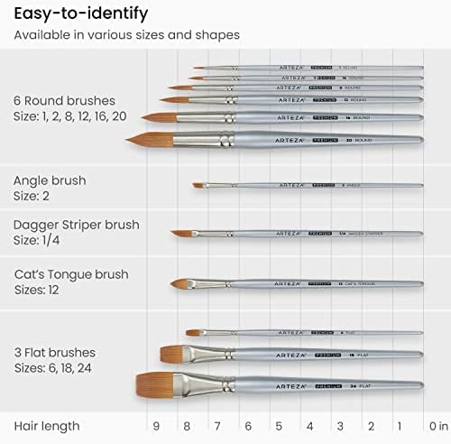 ARTEZA Watercolor Brushes, Set of 12, Synthetic Hair, Assorted Shapes