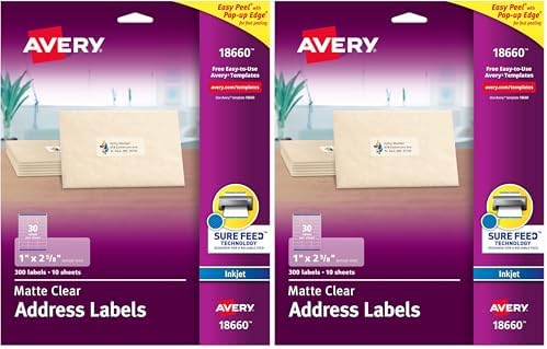 Avery Printable Address Labels with Sure Feed, 1" x 2-5/8", Matte Clear, 300 Blank Mailing Labels (18660) (Pack of 2)