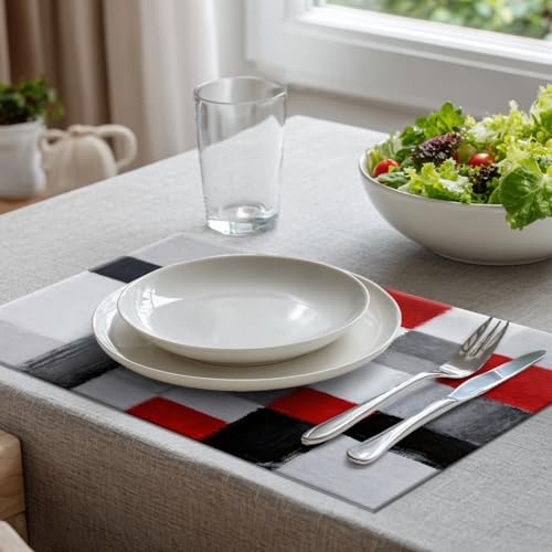 Batmerry Grey Modern Modern Art Linen Placemats Set of 8, Red Art Plaid Washable Table Mats for Kitchen Table Thickened Heat Insulation Dining Set Indoor Outdoor 12X18 in