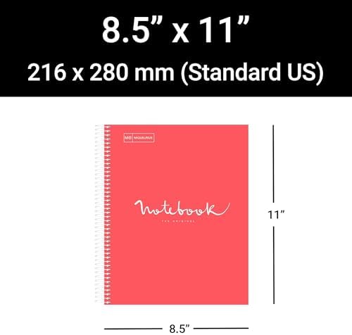 M MiquelRius Emotions Collection, Lined 1 Subject Notebook, 11" x 8.5", 80 Perforated Sheets, 3 Hole Punched, Coral Colored Cardboard Cover