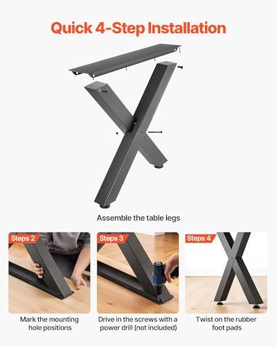 VEVOR Table Legs, 29.5" H x 23.6" W Steel Furniture Legs, Modular Design, Easy Assembly, 2204 lbs Max Load Heavy Duty, for Home Office Desk, Coffee Dinner Bar Tables, Workbench,2 PCS, X Frame, Black