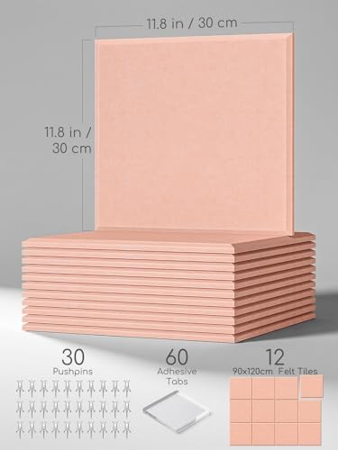 Thick Felt Pin Board Tiles 12 Pack, 11.8x11.8 Bulletin Board for Wall