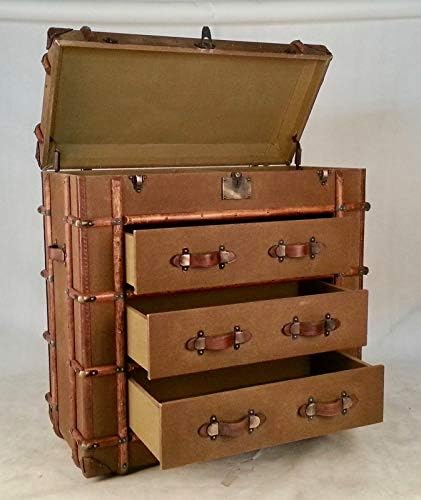 Nautical-Mart Vintage Canvas Luggage Chest - Coffee Brown Vintage Chest of Drawers w/Lift Top & Timber Trim