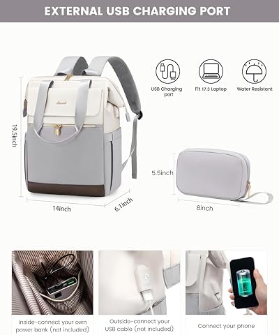 LOVEVOOK 17.3 Inch Laptop Backpack for Women, Large Capacity Travel Backpack with Organizer Bag, Waterproof Carry on Backpack Work Bag with USB Port, Teacher Nurse Backpack Purse,2PCS,Beige-Light Grey