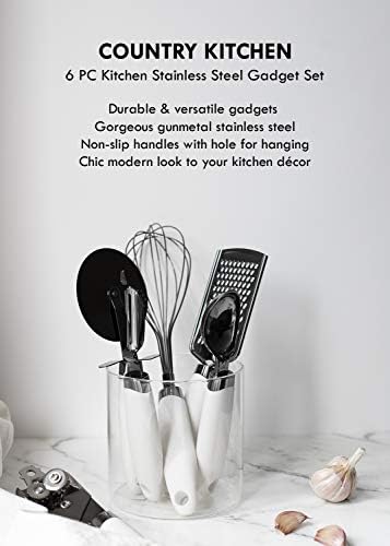 Country Kitchen 6 Pc Essentials Kitchen Stainless Steel Gadget Set Black Gun Metal with Soft Touch White Handles for Cooking