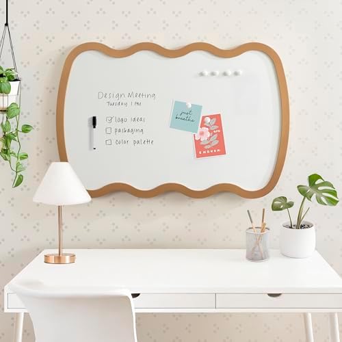 Kate and Laurel Holbrook Wavy Magnetic Dry Erase Board with Marker and Four Magnets; 24 x 36; Gold; Decorative Wall Organization White Board for Use as Bedroom or Dorm Room Decor