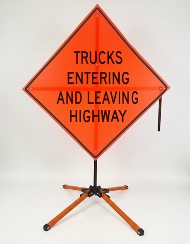 Traffic Roll-Up Sign Kit with Stand – Collapsible Safety Sign & Heavy-Duty Portable Stand, High Visibility, Easy Setup (Trucks Entering And Leaving Highway, Mesh)