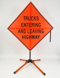 Traffic Roll-Up Sign Kit with Stand – Collapsible Safety Sign & Heavy-Duty Portable Stand, High Visibility, Easy Setup (Trucks Entering And Leaving Highway, Mesh)