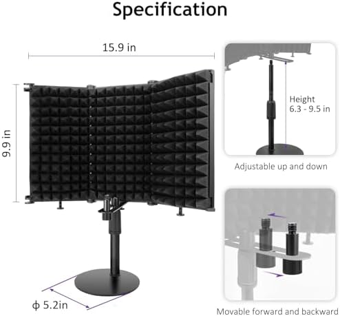 Microphone Isolation Shield, 3 Panels Sound Proof Mic Shield with Mic Stand and Pop Filter, High Density Absorbent Foam Mic Isolation Shield for Recording