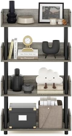 Furinno Turn-N-Tube 4-Tier Grey Storage Shelves with Side Panels, Book Shelf, Display Shelf, for Organization and Storage, Living Room, Home Office, Grey Oak