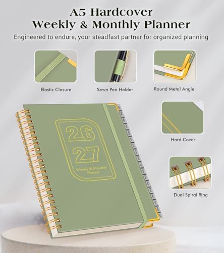 Academic Planner 2026-2027, Weekly and Monthly Hardcover Planner, July 2026 - June 2027, 5.75" x 8.38" A5 Large Daily Calendar Planner Book with Tabs, Spiral Yearly Agenda Organizer Notebook for School Work Home, Green