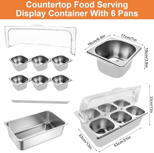 Countertop Food Serving Display Container with Clear Roll Top Cover, Catering Supplies Buffet Display, Perfect Salad Bar Buffet Station for Home and Catering Supplies, Cold Food Buffet Server(6 Pan)