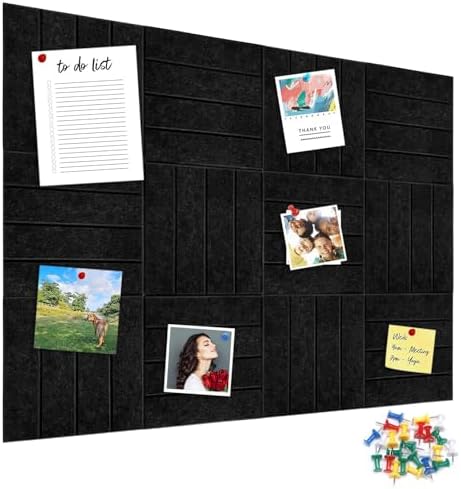 12 Packs Black Felt Pin Board, Large 12" Bulletin Board with 30 Push Pins, Felt Board Slat Wall Paneling for Office Home Kitchen, Self-Adhesive Corkboard Tiles for Classroom Message Photos Memos