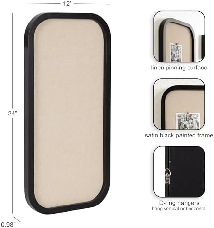 Kate and Laurel Hutton Transitional Wall Pinboard, 12 x 24, Black, Modern Rounded Rectangle Wall Organizer for Use as Cork Board, Vision Board, or Bulletin Board
