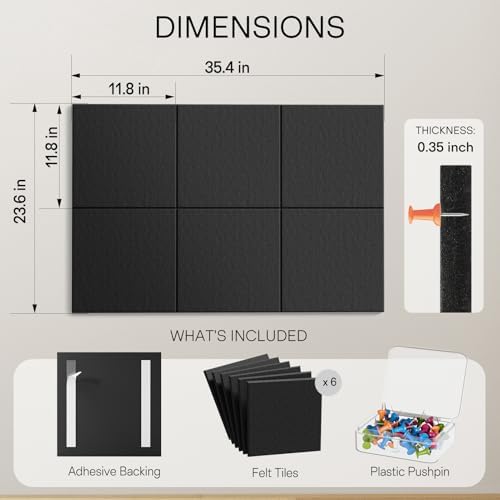 MaxGear Felt Bulletin Board 36" x 24", Black Felt Wall Tiles Push Pins