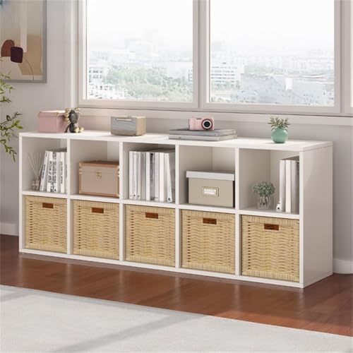 Lateral Filing Lumber Bookshelves Shelves Solid Wood Bookshelf, Floor-standing Storage Rack, Low Bookcase, Cube Storage Unit, Household TV Cabinet, Bay Window Cabinet White 63"L x 9"W x 26"H