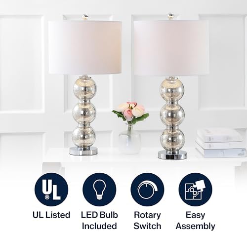 JONATHAN Y Bella 27" Glass Table Lamp, Mercury Silver/Chrome, Set of 2