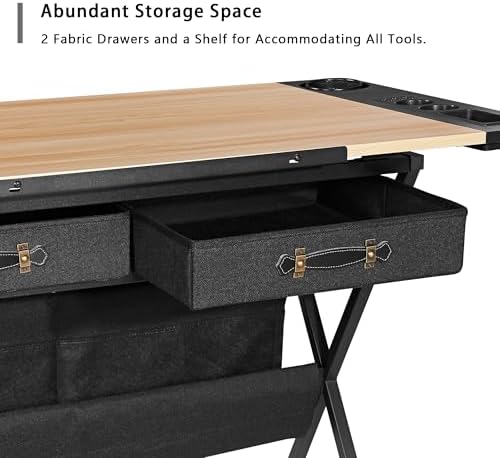 VECELO Drafting Table Art Desk Art Table Adjustable Drawing Table Tilted Tabletop with 2 Storage Drawers and Stool, Drawing Desk for Artist Painters Drawing, Crafting, Reading, Writing, Natural
