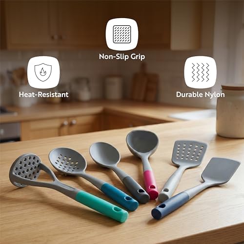 Restaurantware Silicone Utensil Set Pack of 10 Non-Slip Handle 6-Piece Nylon Kitchen Tool Set, Heat-Resistant Dishwasher-Friendly Cooking Accessories, Durable Assorted Cooking Utensils