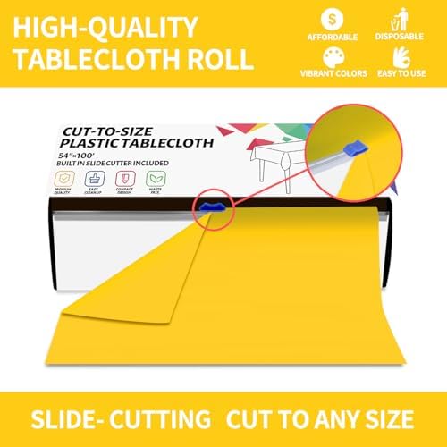 CXPSINC 54 Inch X 100 Feet Plastic Table Cover Roll Disposable Tablecloth with Slide Cutter for All Type/Shape Tables | Party, Banquet, Birthdays, Weddings(Yellow, 100 Feet)