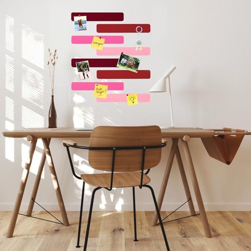 8Pcs Rectangle Felt Cork Board Bar Strips with 35 Pushpins, Self-Adhesive Bulletin Board Strips for Office School Home Wall Decor Stickers Memos Schedules Photos Display -Gradual Red