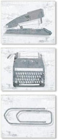 The Stupell Home Décor Collection Textured Muted Blue Office Supplies Stapler Typewriter and Paperclip Trio Wall Plaque Art, 10 x 15, Multi-Color