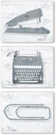 The Stupell Home Décor Collection Textured Muted Blue Office Supplies Stapler Typewriter and Paperclip Trio Wall Plaque Art, 10 x 15, Multi-Color