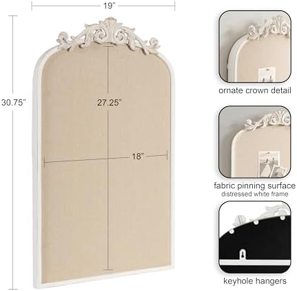 Kate and Laurel Arendahl Decorative Arch Pinboard; 19 x 31; White; Framed Arched Ornate Vintage Cork Board for Use as Motivational Vision Board or Wall Organizer