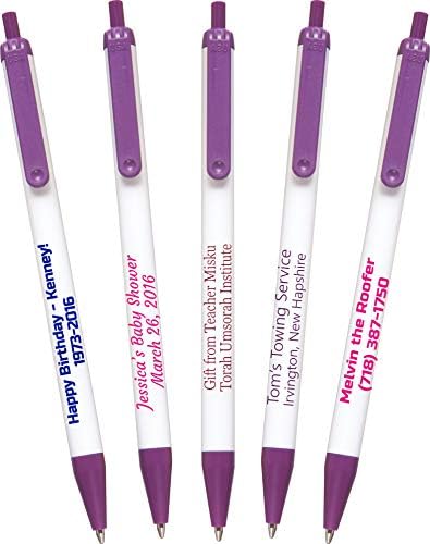 USA Made, Personalized Writing Ink Ballpoint Novelty Pens, Custom Printed with Your Logo & Text (Pack of 50 White Pens with Purple Trim)