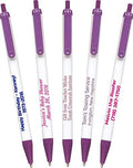 USA Made, Personalized Writing Ink Ballpoint Novelty Pens, Custom Printed with Your Logo & Text (Pack of 50 White Pens with Purple Trim)