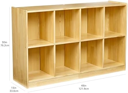 Amazon Basics Block Storage Cabinet, Backpack Organizer Shelf, 8 Compartment Cube Storage for Daycare, Pine Wood, 13" D x 48" W x 30" H