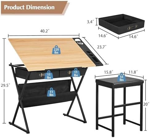 VECELO Drafting Table Art Desk Art Table Adjustable Drawing Table Tilted Tabletop with 2 Storage Drawers and Stool, Drawing Desk for Artist Painters Drawing, Crafting, Reading, Writing, Natural