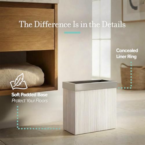Gatco Small Bathroom Trash Can with Lid, Rectangle 3 Gallon Wastebasket, Under Sink, White Oak with Satin Nickel, for Bathroom, Bedroom, Office (1943SN)