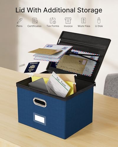 Oterri File Box Large 2-Pack Hanging Organizer for Letter/Legal-Size Folder | Dustproof Lid. 3 Mesh Pockets. Collapsible Scratch-Resistant GRS Linen. Slide Rails. Office, Home, Dorm