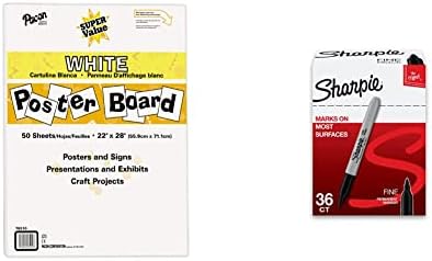 Pacon Super Value Poster Board, 22"X28", White, 50 Sheets and SHARPIE Permanent Markers, Fine Tip Marker Set, Black, 36 Count