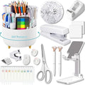 Office Supplies, White Desk Accessories,Desk Organizer,Phone Stand,Scissors,Stapler,Tape Dispenser,Binder clips,Staples,staple remover,Sticky Notes,Index Tabs,Clear Tape,Mini Box Cutter,Cool Pen.16pcs
