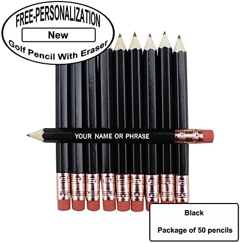 EZPENCILS & GIFTS - Golf Pencils Tipped with Eraser (1/2 a Pencil - Pew Pencils) - Black Colored Barrel - FREE-PERSONALIZATION - 2HB Black Lead - Custom Text - Non-Smear Eraser – Package of 50