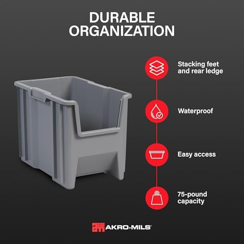 Akro-Mils Stak-N-Store Stackable Storage Bins, 17.5"x11"x12.5", Grey, 4-Pk