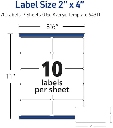 Avery® Rectangle Removable Labels, 2" x 4", Matte White, Sure Feed® Technology, Laser/Inkjet Compatible, 70 Printable Labels Total (6431)