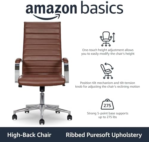 Amazon Basics High-Back Swivel Office Chair with Lumbar Support, Ergonomic Ribbed Faux Leather, Adjustable Height, 24.75"D x 23.25"W x 45.25"H, Brick Red